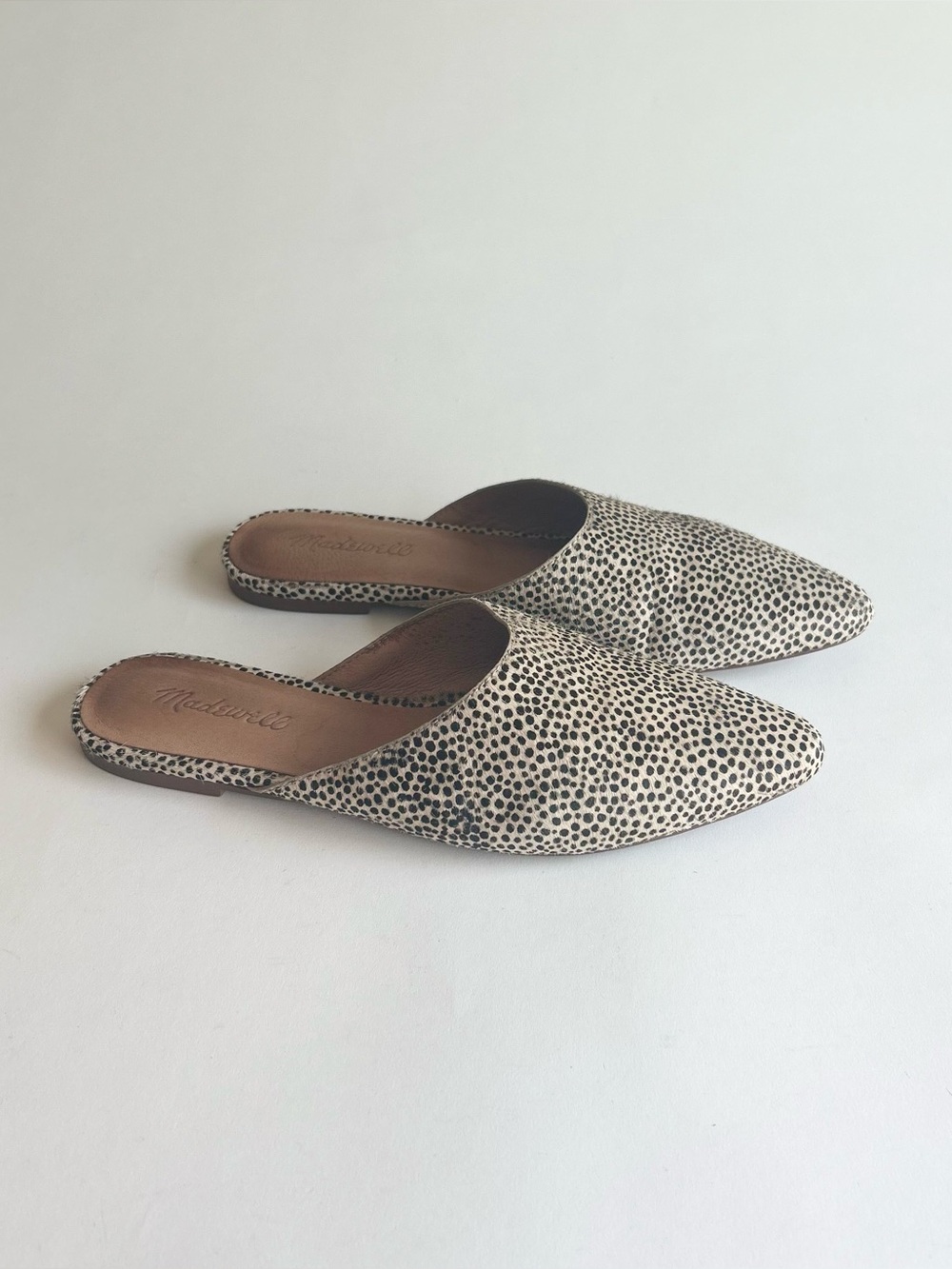 Madewell Spotted Pointed-Toe Mules in Cream and Black